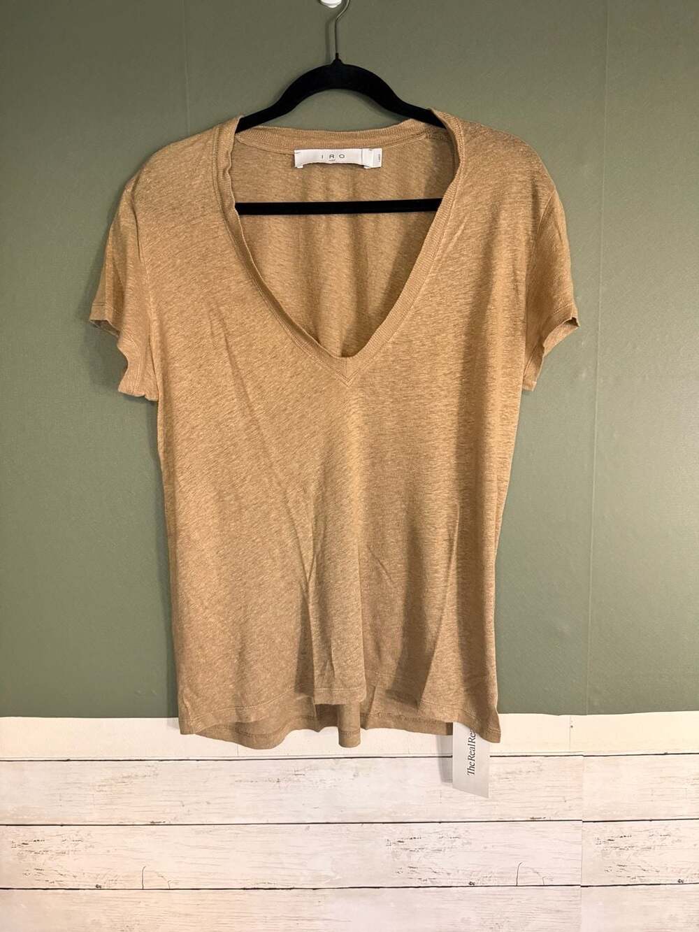IRO Paris Womens Tan V-Neck‎ Short Sleeve Slub Knit T-Shirt Size Large